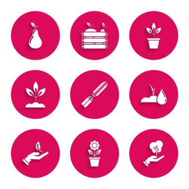 Set Gardening handmade scissors for trimming, Flower pot, Tree of environmental protection, Watering sprout, Sprout, Plant, Flowers and Pear icon. Vector