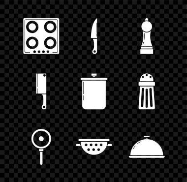 Set Gas stove Knife Pepper Frying pan Kitchen colander Covered with tray of food Meat chopper and Cooking pot icon. Vector.