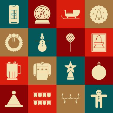 Set Holiday gingerbread man cookie, Christmas ball, postcard, santa claus sleigh, snowman, wreath, Smartphone with gift box and Lollipop icon. Vector