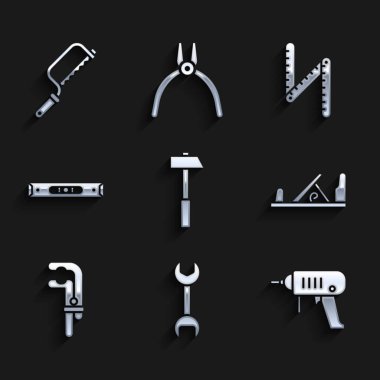 Set Hammer, Wrench spanner, Electric drill machine, Wood plane tool, Clamp, Construction bubble level, Folding ruler and Hacksaw icon. Vector