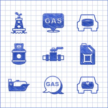 Set Metallic pipes and valve, Location gas station, Gas tank for vehicle, Canister motor oil, Oil tanker ship, Propane, Spare wheel in the car and rig icon. Vector