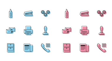 Set line Archive papers drawer, News, Marker pen, Telephone handset, Printer, Stamp, Envelope and Office stapler icon. Vector