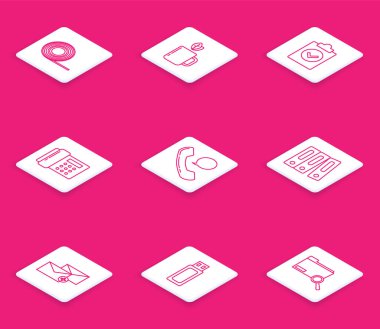 Set line Scotch, Cup of tea and leaf, Completed task, Telephone, handset speech bubble chat, Office folders with papers documents, Envelope and USB flash drive icon. Vector