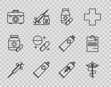 Set line Syringe, Caduceus snake medical symbol, Medicine bottle and pills, Ointment cream tube medicine, First aid kit, or tablet,  and Medical clipboard with clinical record icon. Vector