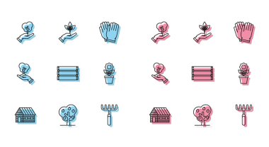 Set line Farm house, Tree with apple, in hand of environmental protection, Garden rake, Wooden box, Flower pot,  and Plant icon. Vector