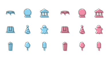 Set line Popcorn in cardboard box, Cotton candy, Jumping trampoline, Ice cream, Party hat, Ghost, Swing and Magic ball icon. Vector