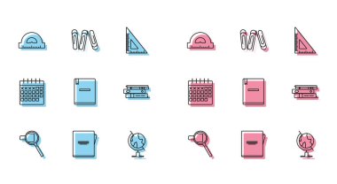 Set line Magnifying glass, Notebook, Protractor grid for measuring degrees, Earth globe, Office folders with papers and documents, Calendar and Paper clip icon. Vector