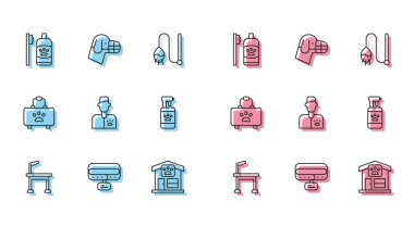 Set line Pet grooming table Collar with name tag Dental hygiene for pets Veterinarian doctor shampoo first aid kit and Dog muzzle icon. Vector.