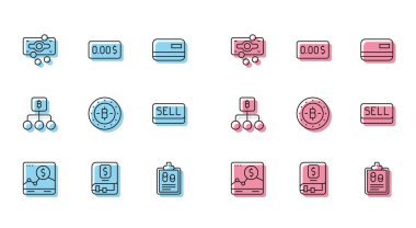 Set line Website with growth graph Financial book Stacks paper money cash Business finance report Bitcoin Sell button Blockchain technology and Zero cost icon. Vector.
