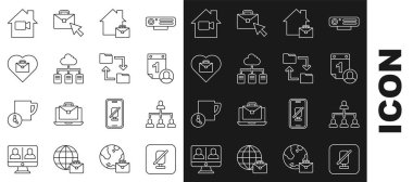 Set line Mute microphone Hierarchy organogram chart Time management Online working Heart with text Video camera Off home and Cloud storage document folder icon. Vector.