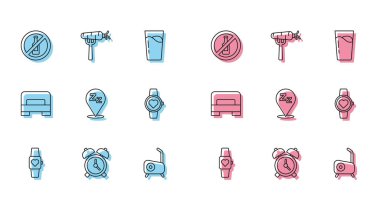 Set line Smart watch Alarm clock No alcohol Stationary bicycle Sleepy Big bed and Carrot fork icon. Vector.