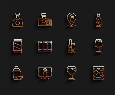 Set line Cocktail shaker with lime Alcohol or beer bar location Tequila bottle Wine glass Glass of whiskey Shot and Champagne and icon. Vector.