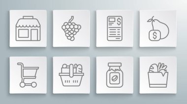 Set line Shopping cart Grape fruit basket and food Coffee jar bottle bag Paper or financial check Price tag for pear and Market store icon. Vector.