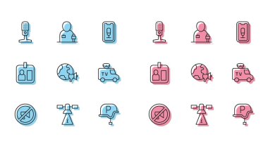 Set line Censored stamp Satellite Microphone War journalist World news TV News car Journalist id card and icon. Vector.