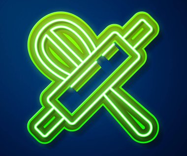 Parlak neon hattı Mutfak çırpma ve merdane simgesi mavi arkaplanda izole edildi. Mutfak aletleri, yumurta çırpıcı. Çatal bıçak seti. Yemek karışımı sembolü. Vektör.