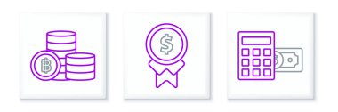 Set line Calculator with dollar symbol Cryptocurrency coin Bitcoin and Reward for good work icon. Vector.
