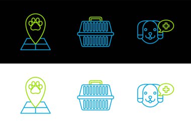 Set line Veterinary clinic symbol Map pointer with veterinary medicine hospital and Pet carry case icon. Vector.