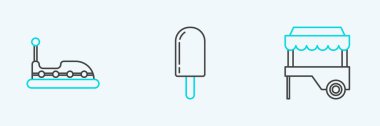 Set line Fast street food cart with awning Bumper and Ice cream icon. Vector.