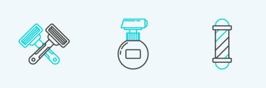 Set line Classic Barber shop pole Crossed shaving razor and Cream lotion cosmetic tube icon. Vector.