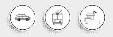Set line Fishing boat Hatchback car and Trolleybus icon. Vector.