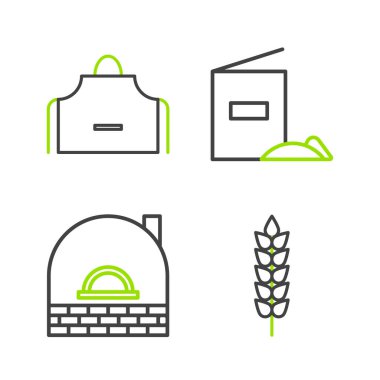 Set line Cereals with rice wheat corn oats rye Brick stove Flour pack and Kitchen apron icon. Vector.
