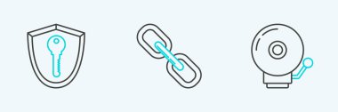 Set line Ringing alarm bell Shield with key and Chain link icon. Vector.