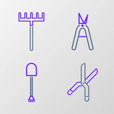 Set line Gardening handmade scissors Shovel and rake icon. Vector.