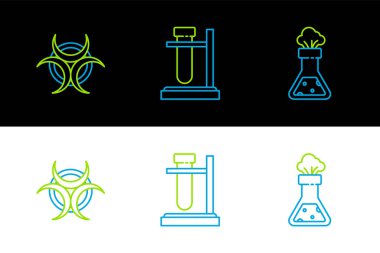 Set line Test tube and flask chemical Biohazard symbol and on stand icon. Vector.