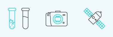 Set line Satellite Test tube and flask and Mirrorless camera icon. Vector.