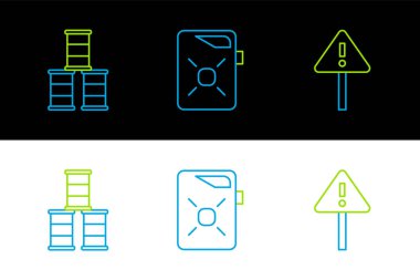 Set line Exclamation mark in triangle Barrel oil and Canister for motor icon. Vector.