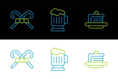 Set line Cake Christmas candy cane and Wooden beer mug icon. Vector.