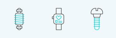 Set line Metallic screw Bicycle suspension and Smart watch icon. Vector.