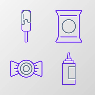 Set line Sauce bottle Candy Bag or packet potato chips and Ice cream icon. Vector.