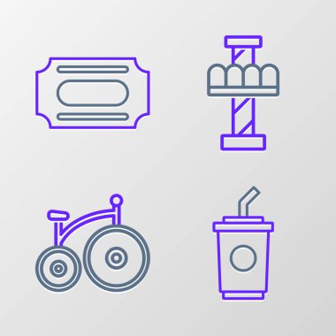 Set line Paper glass with water Vintage bicycle Attraction carousel and Circus ticket icon. Vector.