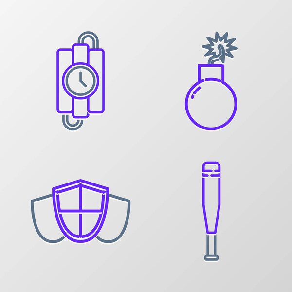 Set line Baseball bat Shield Bomb ready to explode and dynamite stick and timer clock icon. Vector.