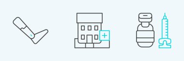 Set line Syringe Prosthesis leg and Medical hospital building icon. Vector.