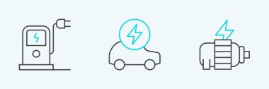 Set line Electric motor car charging station and icon. Vector.
