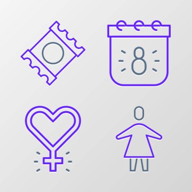Set line Female Feminism Calendar with 8 March and Condom package icon. Vector.