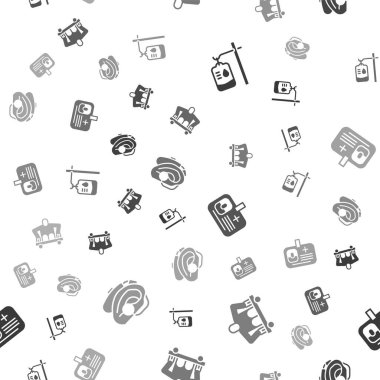 Set IV bag, Man without legs sitting wheelchair, Identification badge and Hearing aid on seamless pattern. Vector.