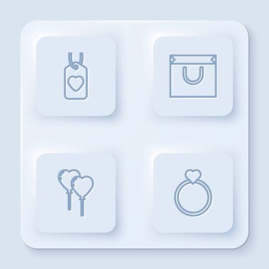 Set line Heart tag, Shopping bag, Balloons form of heart and Wedding rings. White square button. Vector.