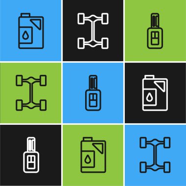 Set line Canister for motor oil, Car key with remote and Chassis car icon. Vector.