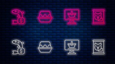 Set line Chicken egg in box, Shopping cart on computer, Price tag for fish and Canned food. Glowing neon icon on brick wall. Vector.