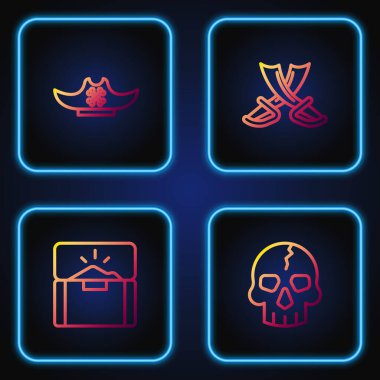 Set line Skull, Antique treasure chest, Pirate hat and Crossed pirate swords. Gradient color icons. Vector.