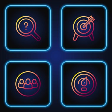 Set line Digital speed meter, Project team base, Unknown search and Target. Gradient color icons. Vector.