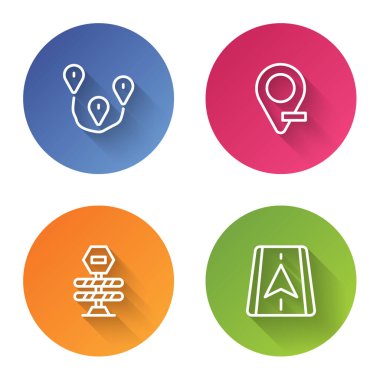 Set line Route location, Location, Road barrier and City map navigation. Color circle button. Vector.