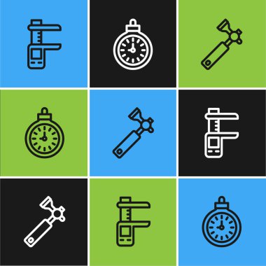 Set line Calliper or caliper and scale, Jewelers lupe and Pocket watch icon. Vector.