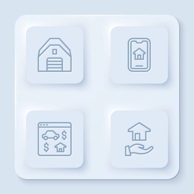 Set line Garage Online real estate and Realtor. White square button. Vector.