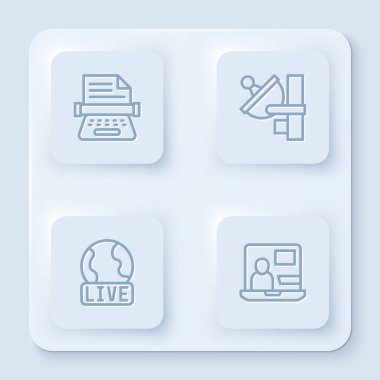 Set line Retro typewriter Radar Live report and World news. White square button. Vector.