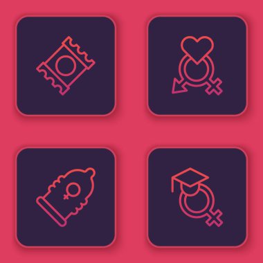Set line Condom in package Gender and Teacher. Blue square button. Vector.