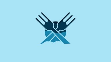 Blue Crossed fork icon isolated on blue background. Cutlery symbol. 4K Video motion graphic animation.